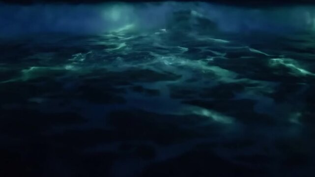 Dynamic oceanic phosphorescence creating a mesmerizing, flowing light display against deep water, emphasizing natural wonder. Overhead view capturing the intricate, ever changing patterns of light?