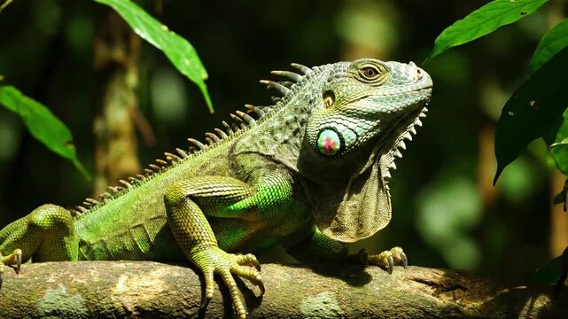 A vibrant chameleon slowly shifting its skin patterns to perfectly match the surrounding lush green foliage and textured tree bark. Close up, focusing on the intricate details of the color change?