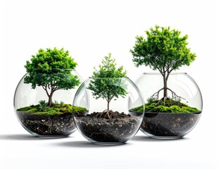 Tree saplings grow in glass orbs. Clean white background