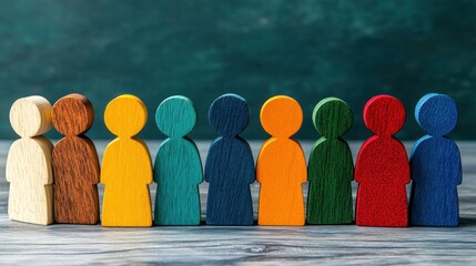 Colorful wooden figures in a row against a teal background