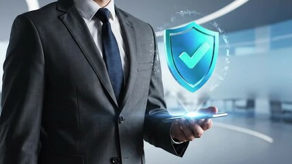 Businessman holding a digital shield representing cyber security and protection. - Powered by Adobe
