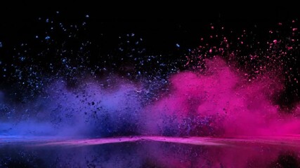 Vibrant explosion of blue and pink powder creating a dazzling atmosphere, capturing the essence of the Hindu Spring Festival's joyful and colorful celebration