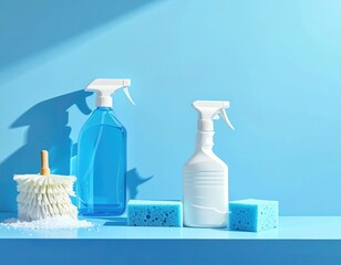 Cleaning supplies on blue shelf, sunny, bright