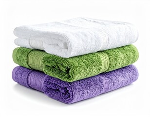 Stack of three folded towels white, green, and purple
