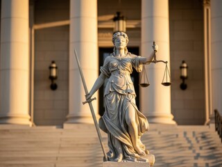Lady Justice standing on courthouse steps, blindfold and sword visible, depth of field focus