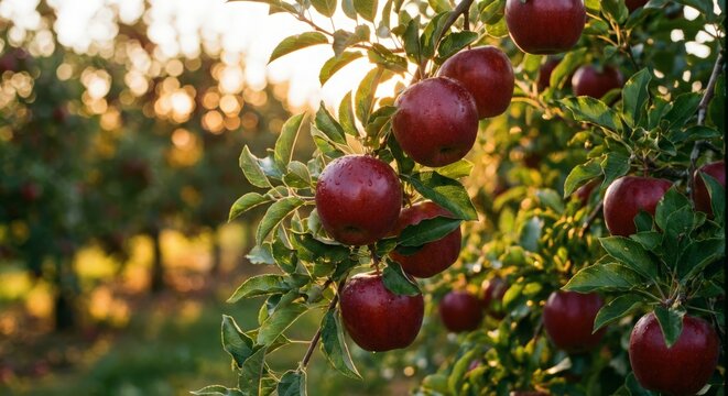 Ripe red apples hanging on tree branch in sunny fruit orchard
 - Powered by Adobe