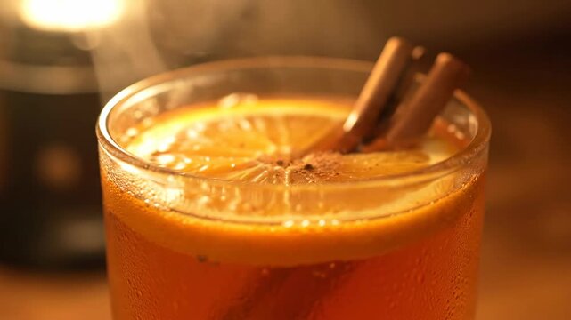 Close-up of an orange cocktail with cinnamon sticks and orange slice