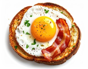 Toast, fried egg, bacon, and parsley against white backdrop
