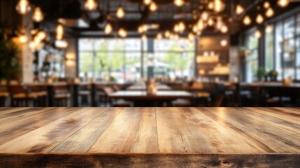 Wooden table top in a cafe, out-of-focus interior with lights