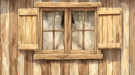 Wooden window with shutters on a weathered cabin wall