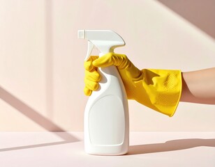 Hand with yellow glove holds a white spray bottle