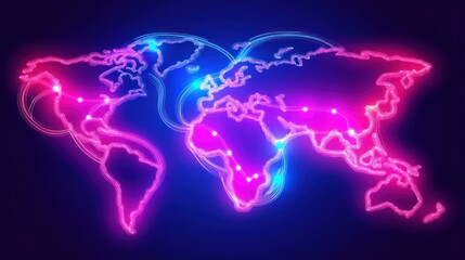 Neon world map, glowing lines, global connections