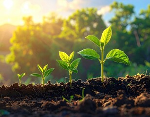 Growing seedlings in soil against sunlit trees