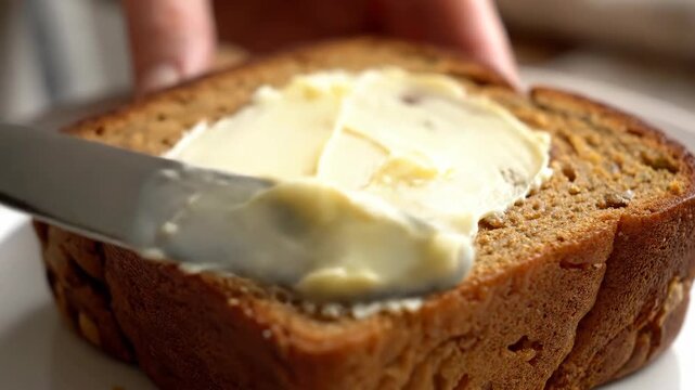 Spreading creamy butter on slice of homemade, whole wheat bread