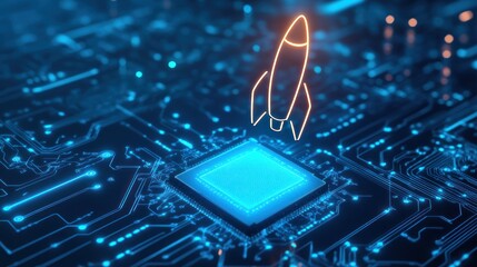 Digital circuit board with glowing chip and rocket