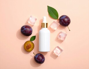 Serum bottle with plums and ice cubes on peach background