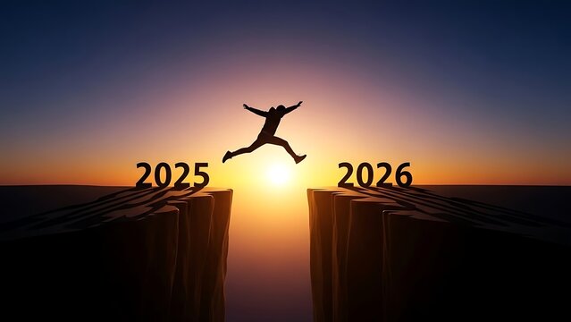 Silhouette of person jumping between cliffs labeled with the years twenty twenty five and twenty twenty six