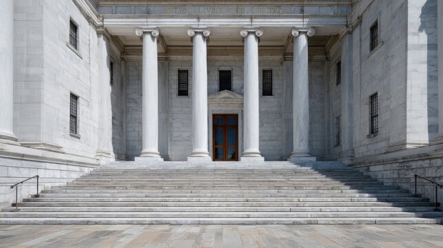 Grand Entrance Of Neoclassical Building With Marble Columns. Symbol Of Authority And Justice