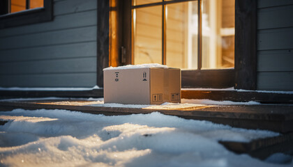 Cardboard delivery box sitting on a snowy porch at sunset