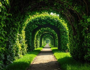 Lush green tunnel pathway in a serene garden