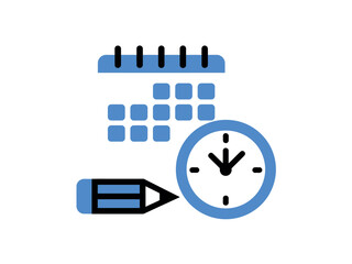 A calendar icon is shown next to a clock and a pencil, representing scheduling, planning, and time management for business tasks.