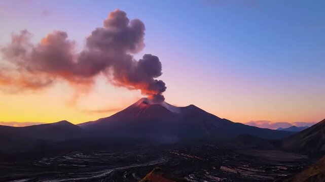 Dynamic close up of molten lava streams flowing slowly down a volcanic slope, creating intricate glowing patterns against dark, solidified rock. ground level