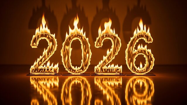 The year two thousand and twenty six depicted in flames with a reflective surface and warm lighting - Powered by Adobe