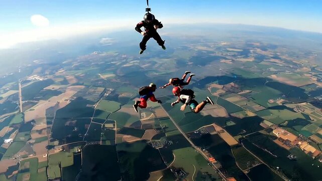 Skydiving Group Freefalling Above Earth in Clear Blue Sky