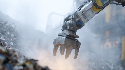 Robotic Arm In Industrial Scrapyard Lifting Debris. Automation In Waste Management And Recycling