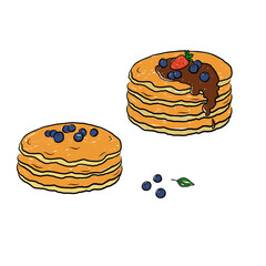 Fluffy pancakes topped with blueberries and chocolate. American breakfast, desert. Food illustration. Design for blog, cafe, menu, packaging, cookbooks, logo, social media. Hand drawn coloured sketch