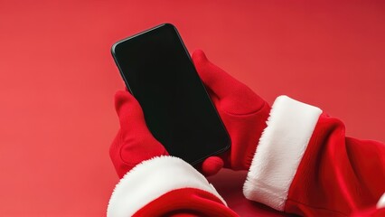 Festive santa hands holding smartphone against red background