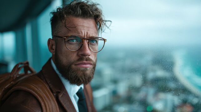 A contemplative man with glasses stares intensely outside through a rain-streaked window, offering a window into his thoughts while capturing the mood of a bustling city under gray skies.