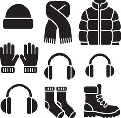 Winter clothing and accessories set icon collection, including jacket, scarf, hat, gloves, socks, headphones, and boot.