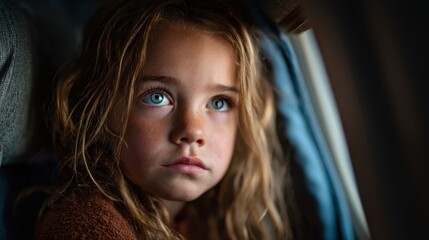 A pensive girl with curly hair gazes thoughtfully out the window, capturing a moment of dreamy introspection and childhood innocence.