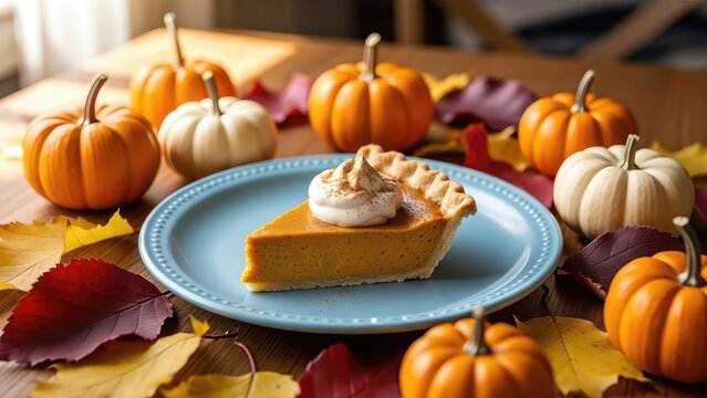 Autumn pumpkin pie slice with whipped cream on blue plate surrounded by mini pumpkins and fall leaves - Powered by Adobe