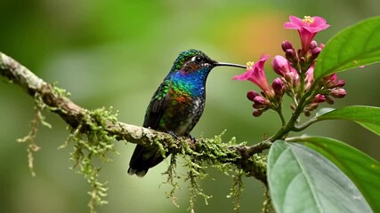 A vibrant tropical bird, possibly a hummingbird or small parrot, perched on a dew kissed exotic leaf, showcasing its iridescent plumage under dappled sunlight.