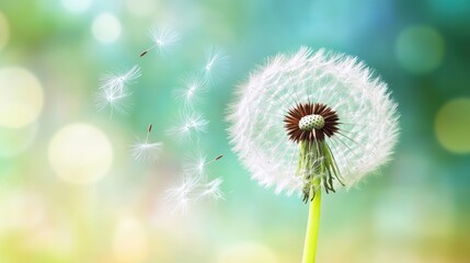 Fototapeta premium Dandelion seeds flying, soft pastel background