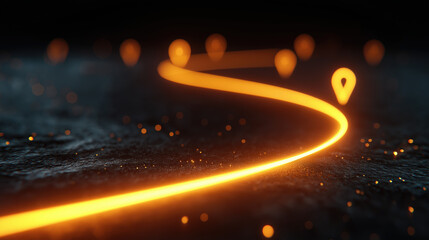 Futuristic neon route leading to a precise GPS location pin, symbolizing technological navigation and digital progress on a dark, textured surface.