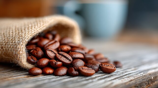 A close-up of freshly spilled coffee beans highlights their rich texture and aroma, showcasing the beauty of natural ingredients in the gourmet coffee experience.