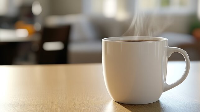White mug of steaming coffee on a light wooden table, blurred interior background - Powered by Adobe