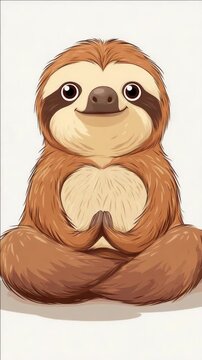 Cute cartoon sloth in yoga pose, smiling with heart chest, sitting cross-legged.