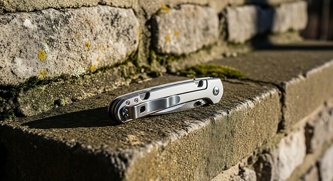Silver folding pocket knife with clip resting on weathered stone wall with moss and lichen folding knife - Powered by Adobe