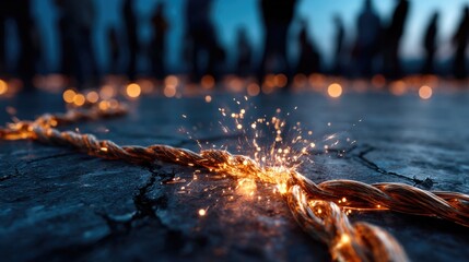 The image captures a close-up of a braided wire emitting sparks, symbolizing energy and connection amidst a blurred crowd in the background, evoking dynamic movement.
