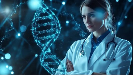 Female doctor with digital DNA background. Healthcare, medicine, and science concept. - Powered by Adobe