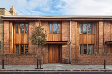 Obraz premium A contemporary brick house featuring charming wooden accents is beautifully nestled in an urban setting, basking in the warmth of a sunny day