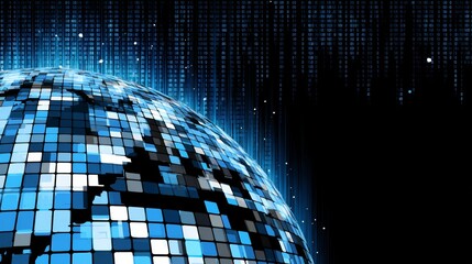 Digital pixel earth design with abstract data elements forming a modern internet background, representing global connectivity, network communication, and futuristic technology concepts