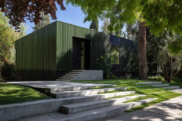 Fototapeta premium Modern green house with sleek lines and lush surroundings in a sunny outdoor setting inviting tranquility and harmony with nature