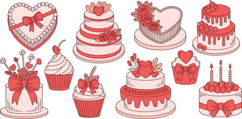 Romantic cake icons, decorated cupcakes, heart-shaped desserts, celebration sweets, vector set, pink red design, love theme, festive bakery graphics