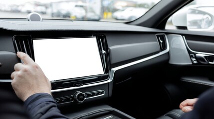 Driver using blank touchscreen display inside a modern luxury car interior, showing navigation, digital control, advanced multimedia system with a clean white screen for technology usability concepts