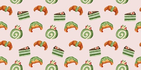 Pink Seamless Pattern Background with Watercolor Matcha Sweets